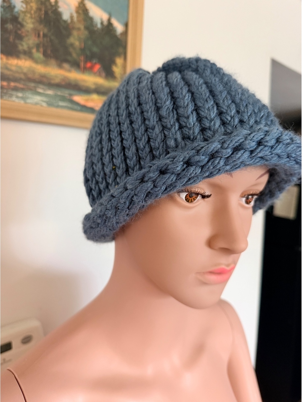 Handmade Chunky Knit Blue Beanie Hat with Brim
